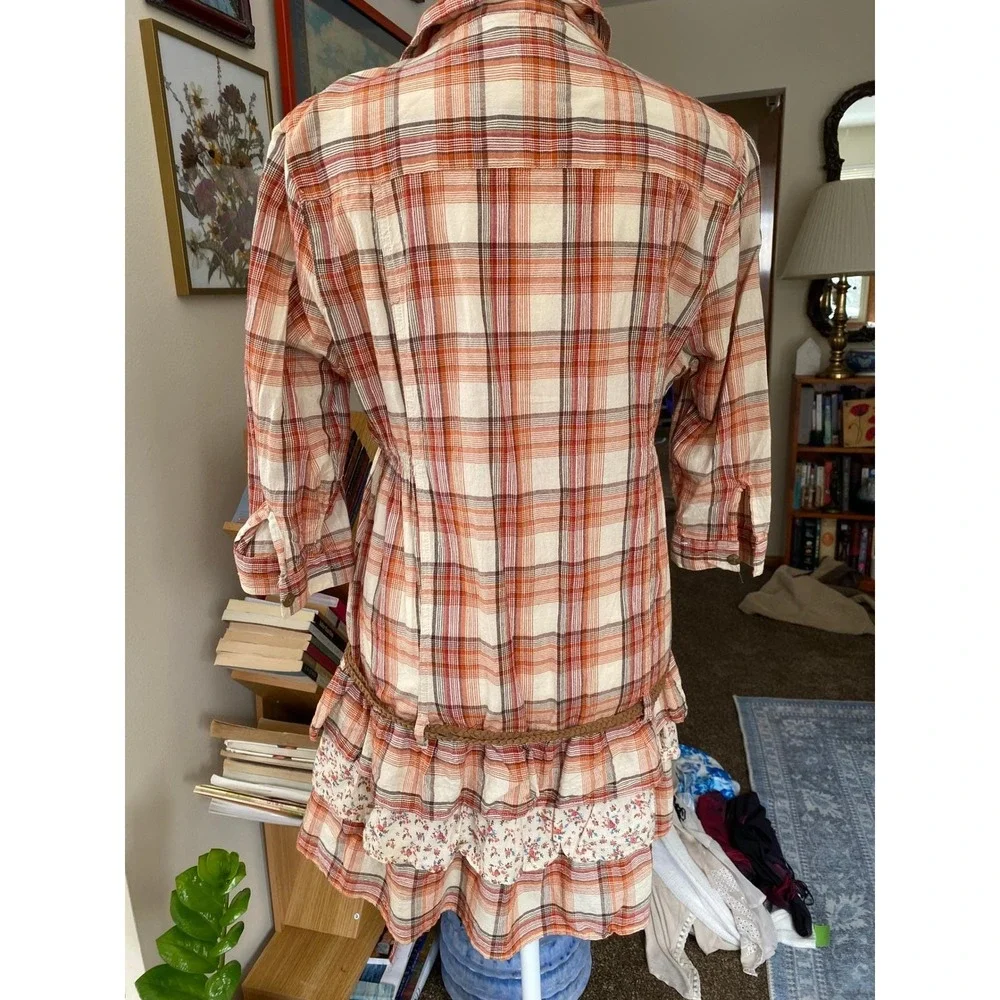Y2K Plaid Floral Ruffle Belt Orange Mini Dress Cotton‎ Large Western Fem Cowgirl